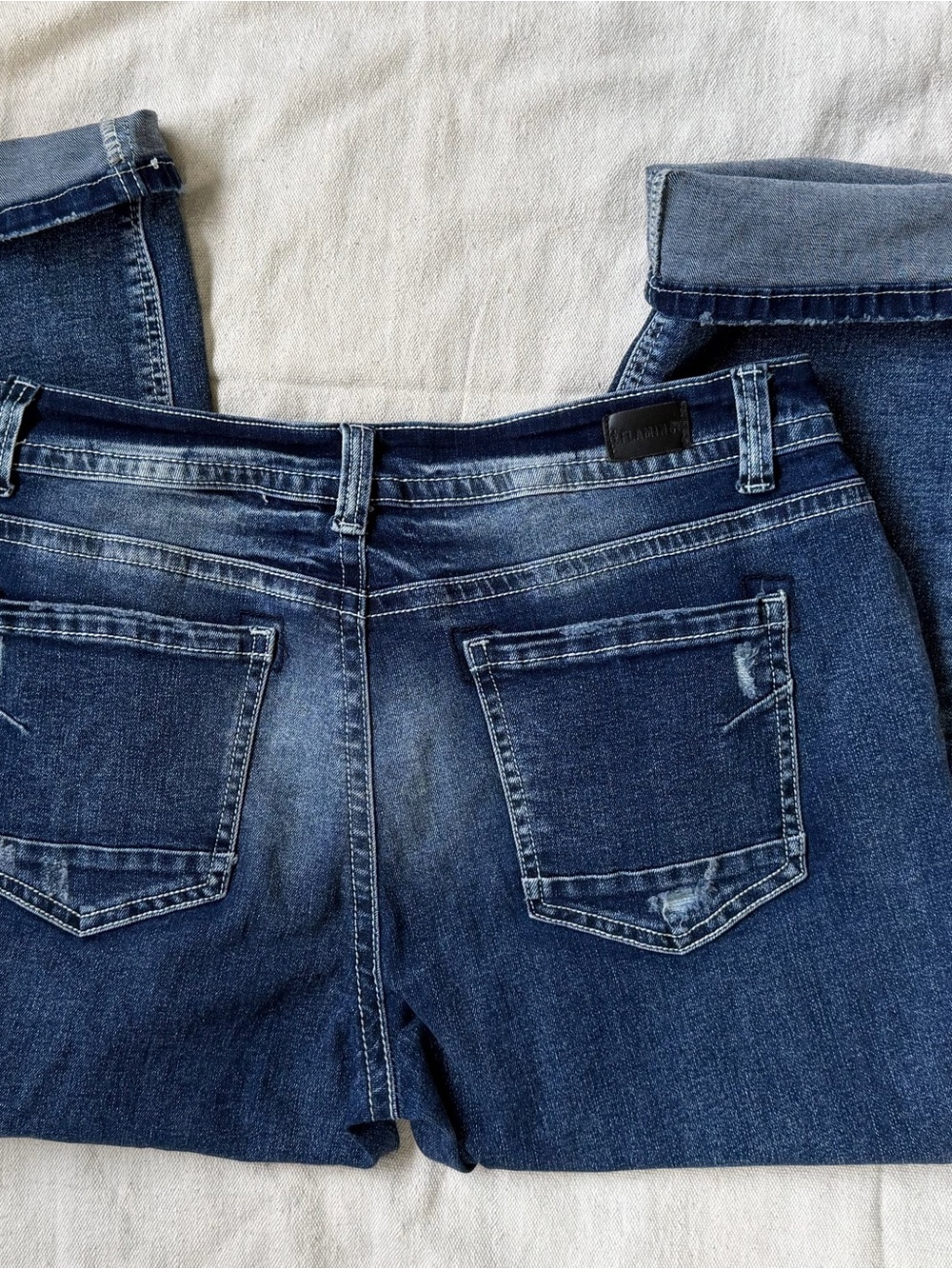Dark Wash Distressed Whiskered Capri Jeans Comfort Stretch Western Boho Rock L - Picture 1 of 11